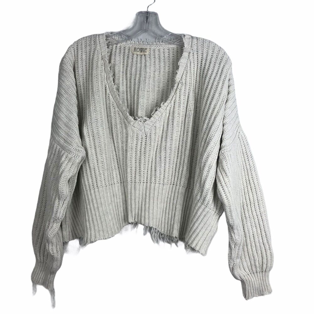 Rowie Crop Knit Sweater Oversize Distressed Cotton Blend M/L Off White Stone